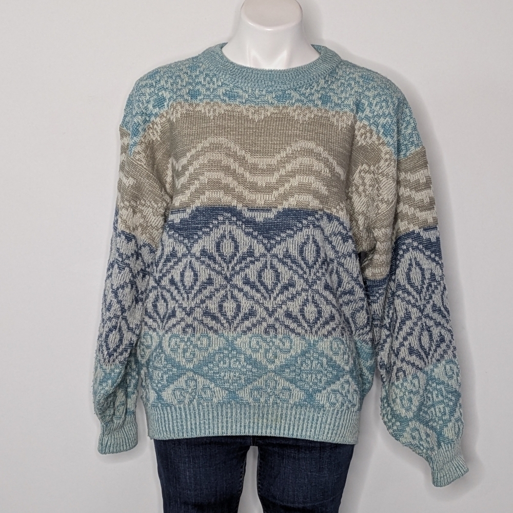 Vintage Saturdays Blue Cream Mixed Print Sweater L
